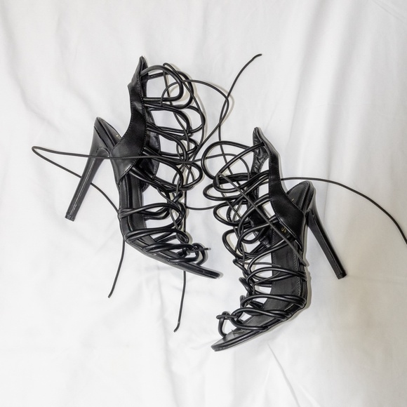 Venus Shoes - Black Strappy Lace-Up High Heels - 8.5W